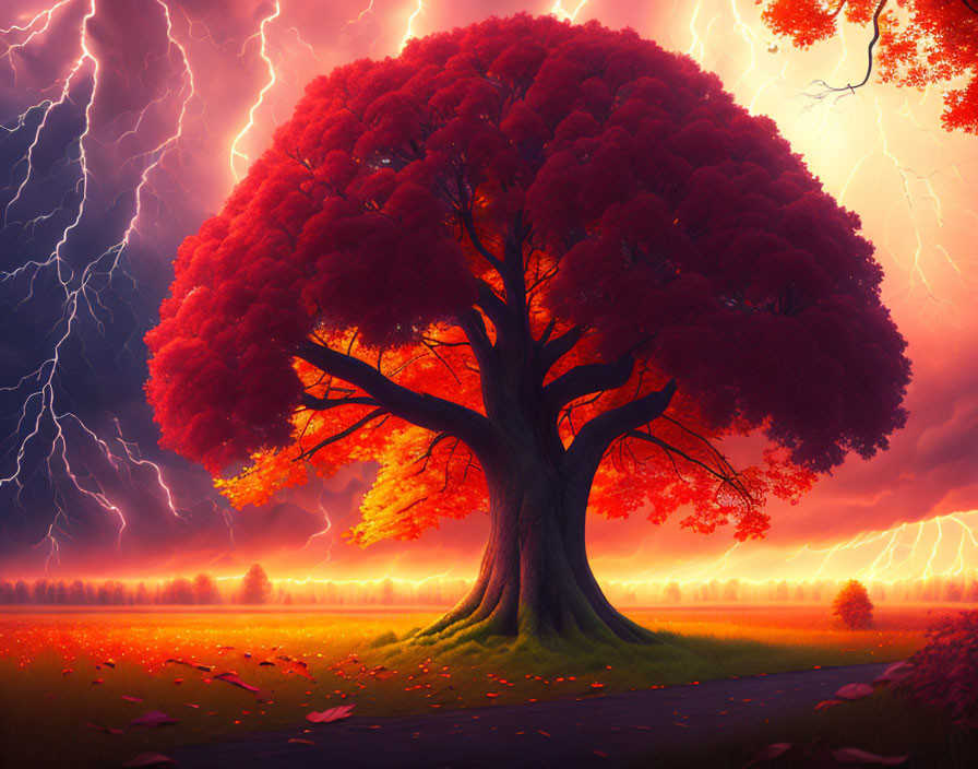 Vibrant illustration of large red tree under dramatic sky with lightning strikes