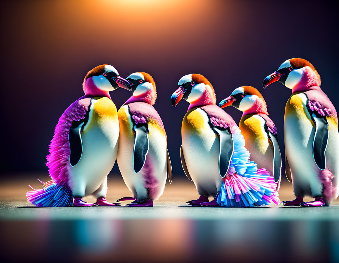 Vibrant stylized penguins in pink, blue, and yellow with dramatic lighting