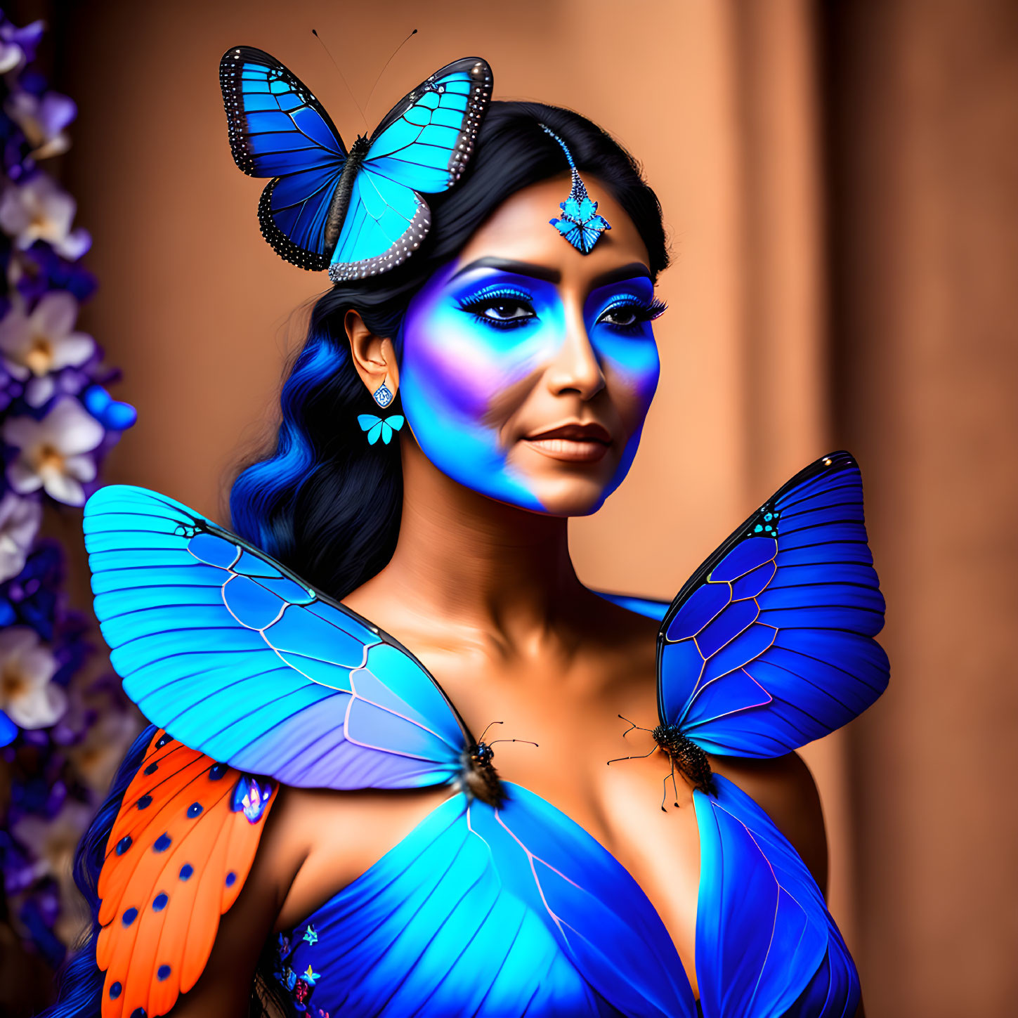 Woman with blue butterfly makeup and jewel adornments surrounded by vivid butterflies on warm backdrop