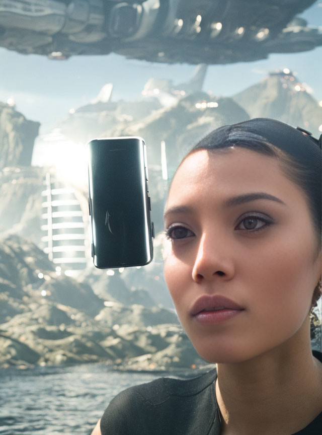 Woman Contemplating Floating Black Device Among Futuristic Ships