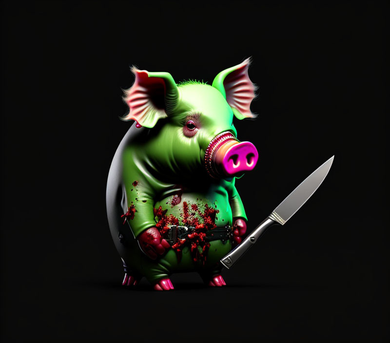 Stylized 3D render: Pig with knife, cybernetic elements, red splashes