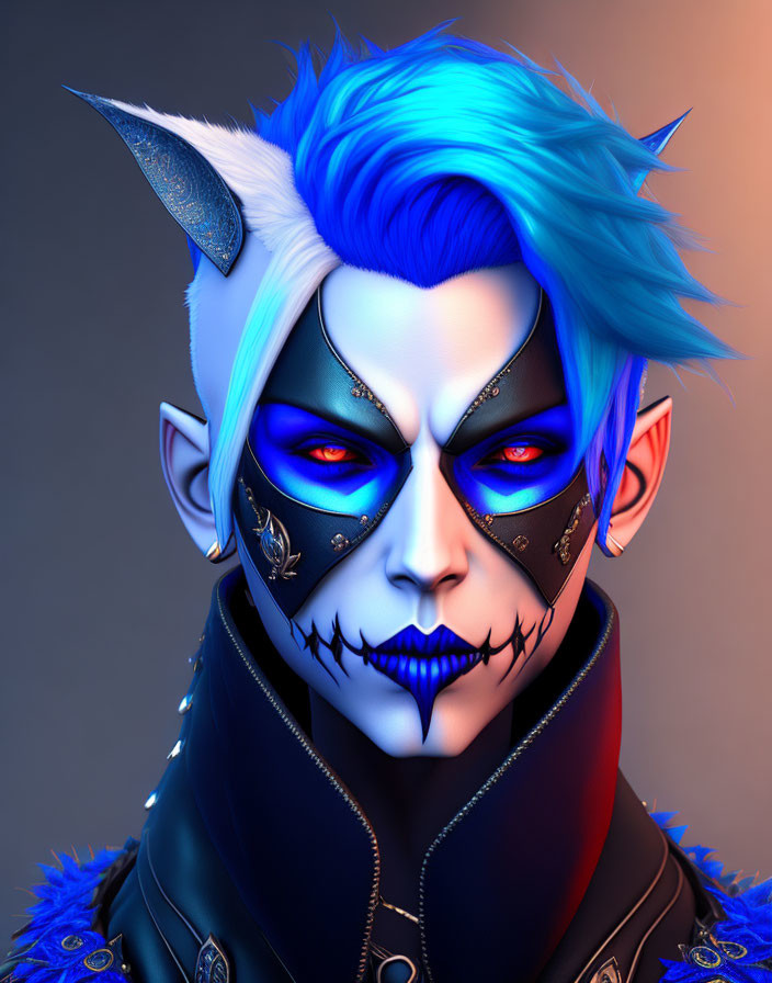 Character portrait with blue hair, pointed ears, and intricate facial markings on gradient background