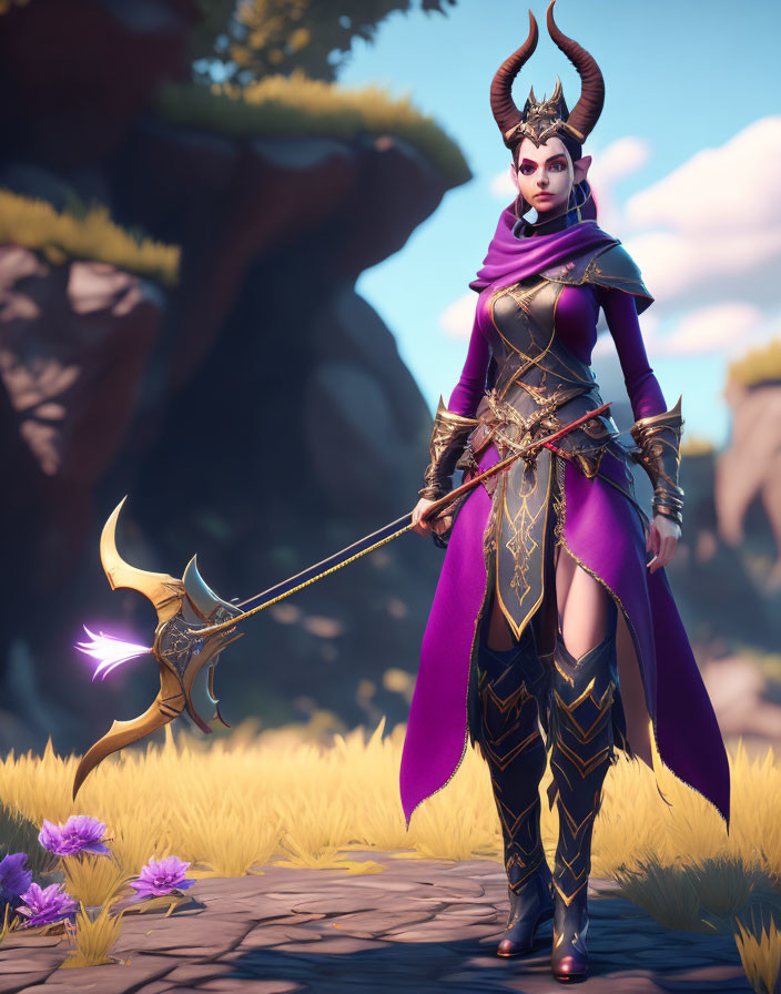 Fantasy female character with horns holding glowing axe in armor and purple cape in scenic landscape