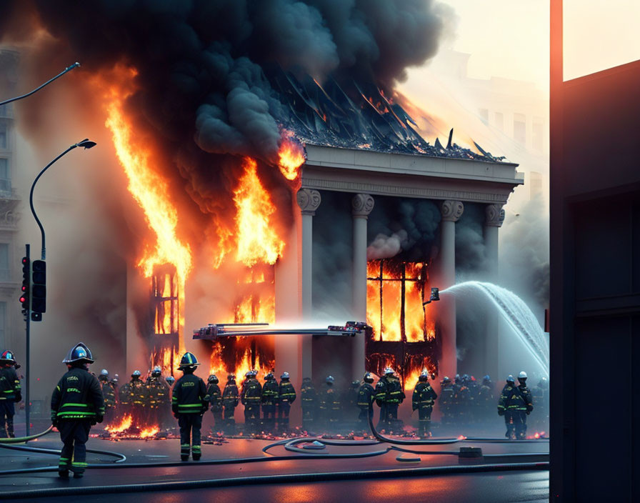 Firefighters combat large blaze in classical building with columns