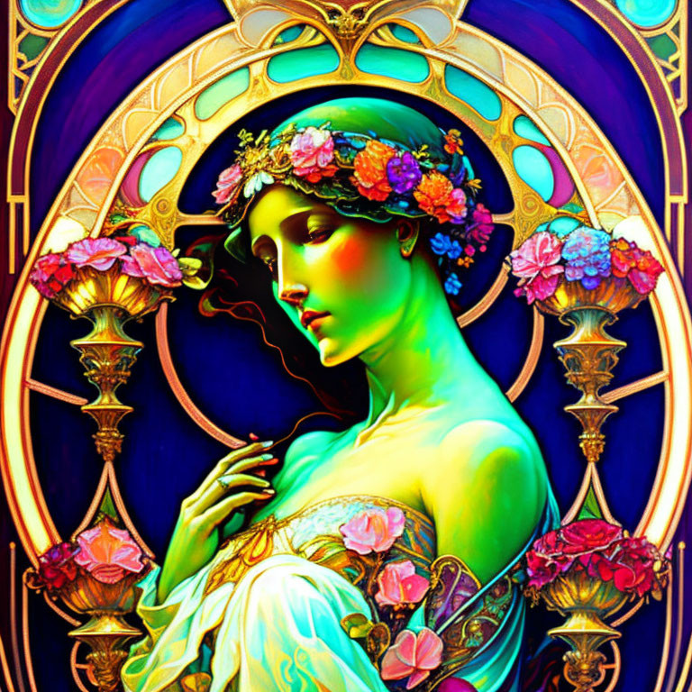 Art Nouveau Style Woman Illustration with Floral Crown