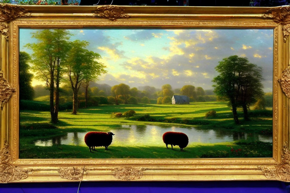 Tranquil landscape painting with sheep, pond, trees, cottage, and vibrant sky