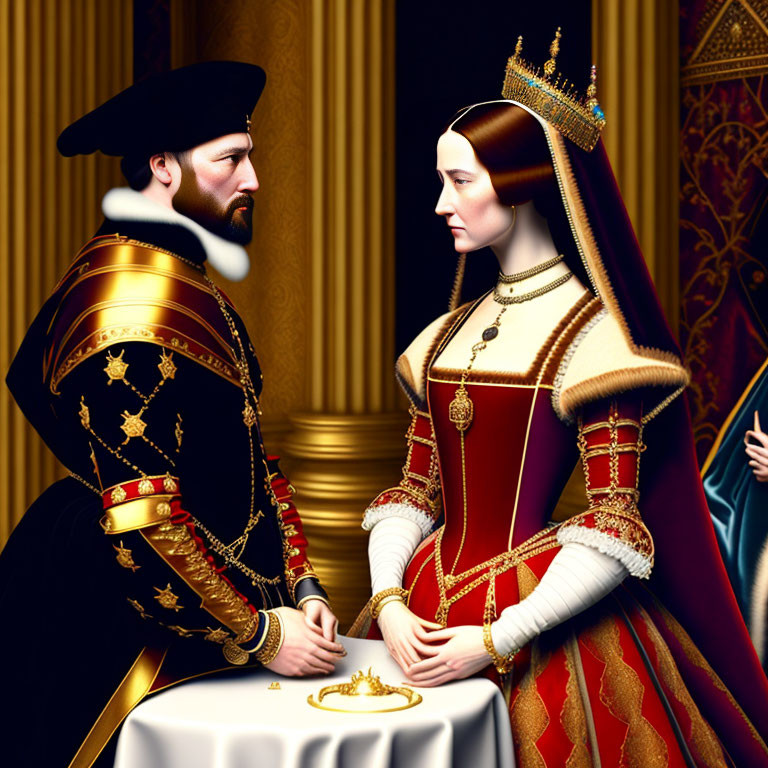 Digital image: Man and woman in renaissance royal attire at ornate table