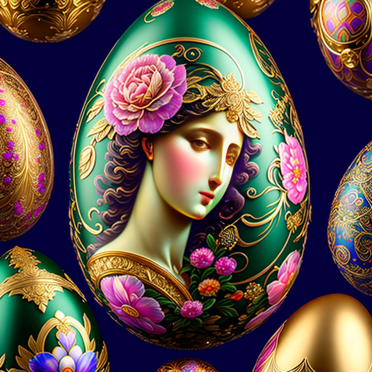 Intricate classical woman profile on ornate Easter egg with gold and floral designs.