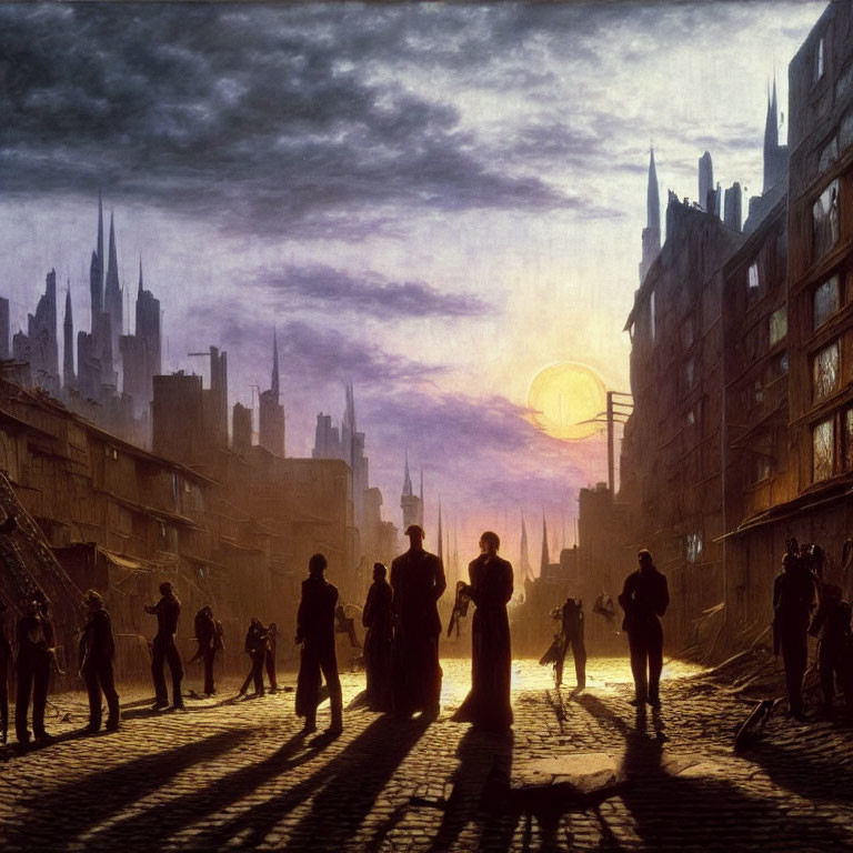 Silhouetted People on Cobbled Street with Futuristic Buildings at Sunset