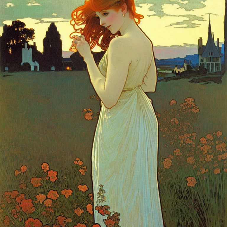 Woman in white dress among orange flowers at twilight with village backdrop