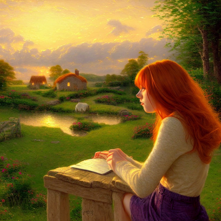 Red-haired woman writing in notebook at sunset overlooking countryside