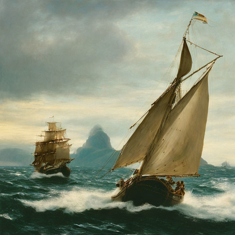 Sailing ships on rough seas with cloudy skies and flag flying.