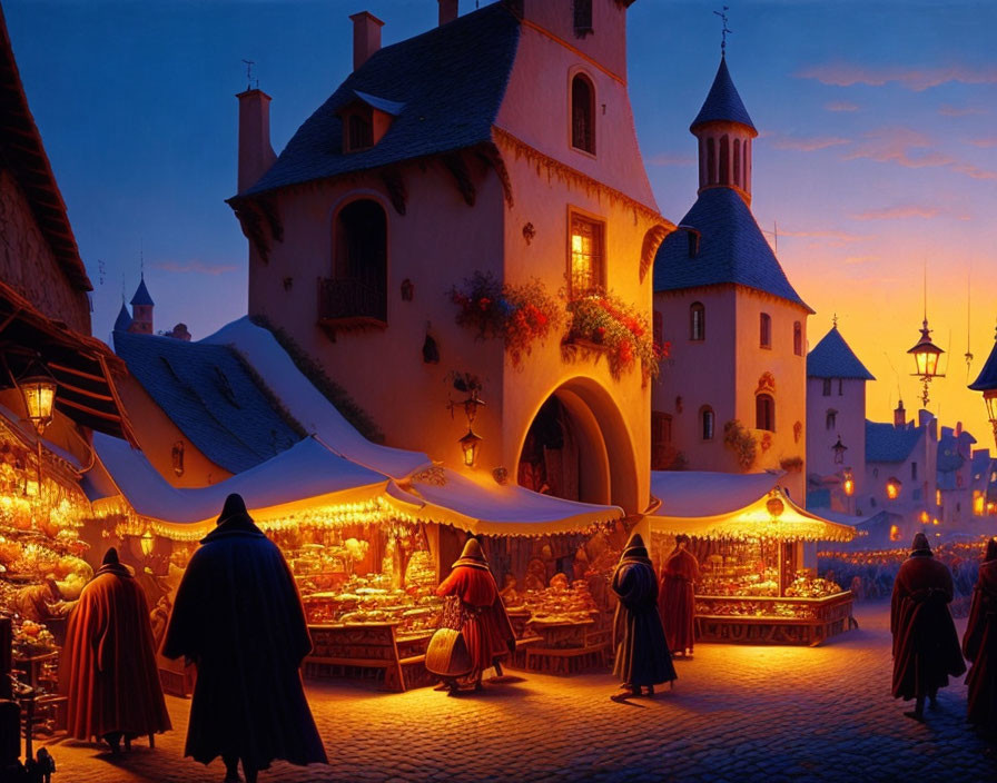 Medieval Market at Dusk with Vibrant Stalls and Cloaked Figures