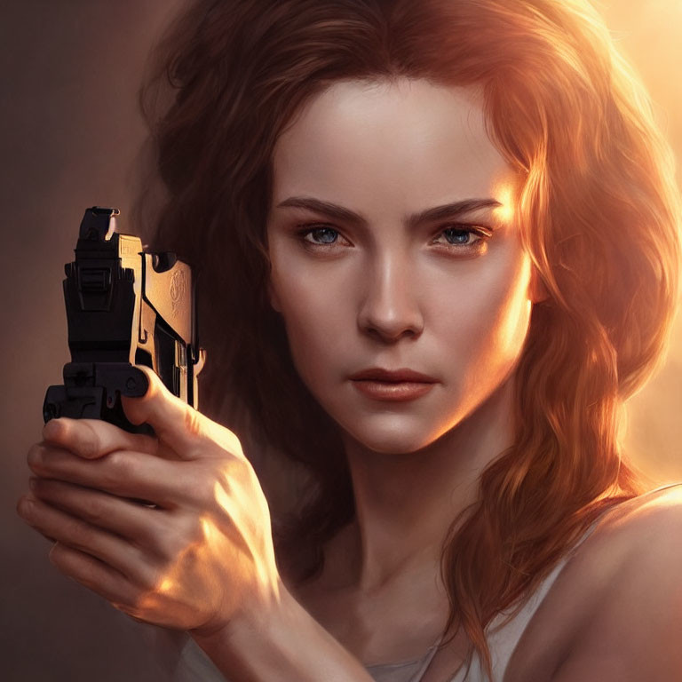 Digital artwork of woman with intense gaze holding handgun in soft lighting