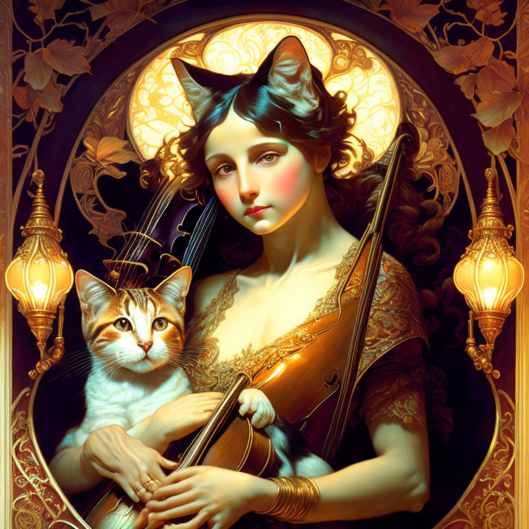 Woman with cat ears holding violin and cat surrounded by lamps and autumn leaves with full moon motif