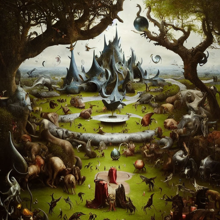 Fantastical landscape painting with icy structure, hybrid animals, trees, and red figure