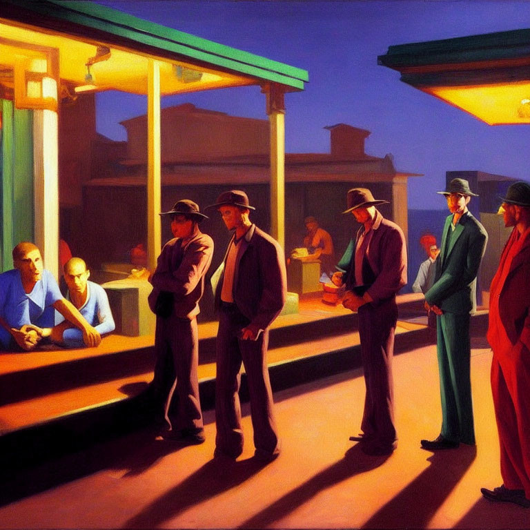 Vintage Attire People Painting: Conversation & Contemplation Under Streetlights