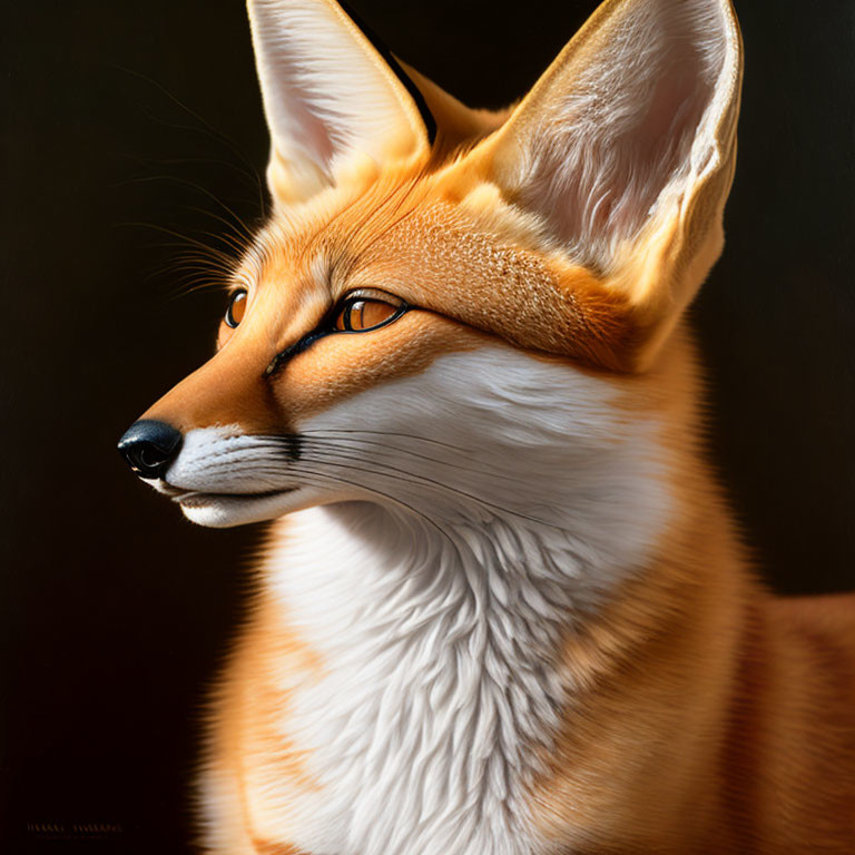 Detailed portrait of vibrant orange fox with sharp features and piercing eyes on dark background