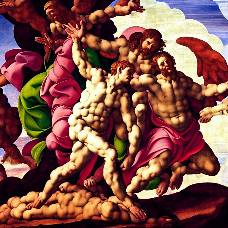 Classical painting of intertwined muscular figures against blue sky