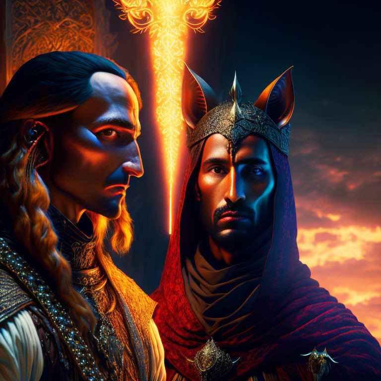 Stylized regal characters with crown and helmet in fiery backdrop