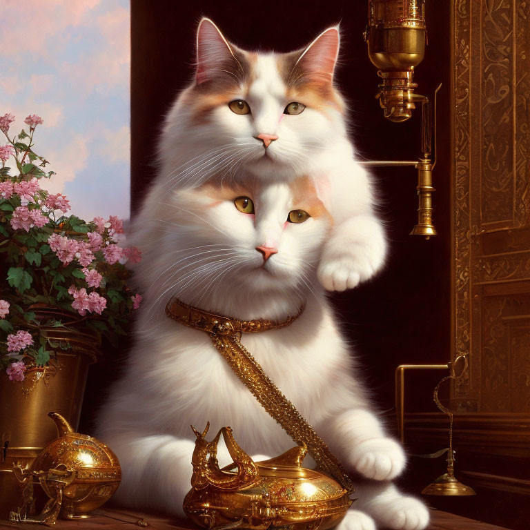 Elegant white cats with fluffy fur and distinct markings pose beside golden ornaments on classic backdrop