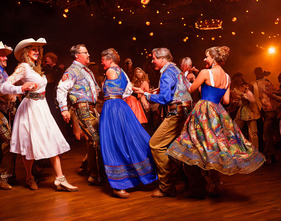 Colorful Cowboy Attire Dancing at Western-Themed Event