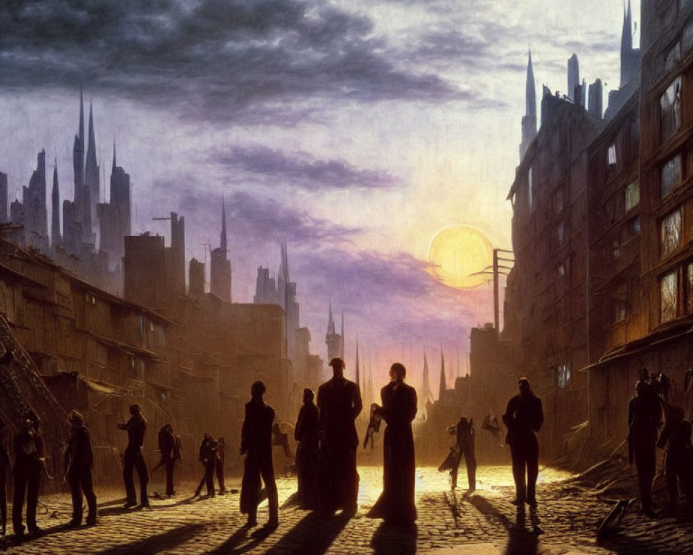 Silhouetted People on Cobbled Street with Futuristic Buildings at Sunset