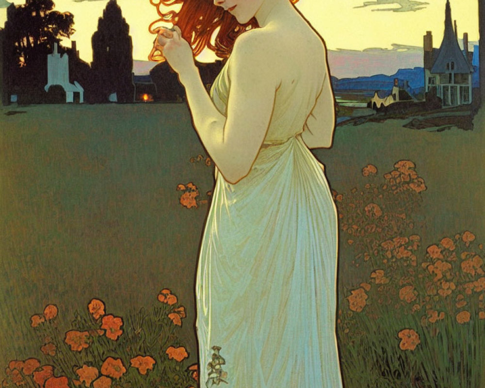 Woman in white dress among orange flowers at twilight with village backdrop