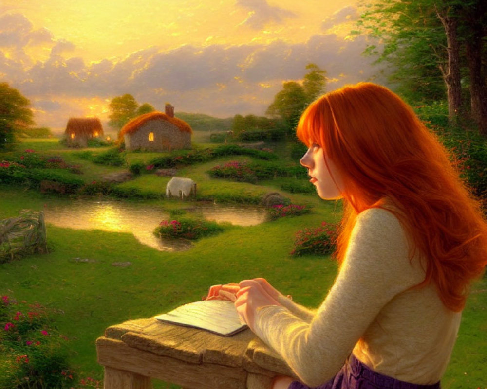 Red-haired woman writing in notebook at sunset overlooking countryside