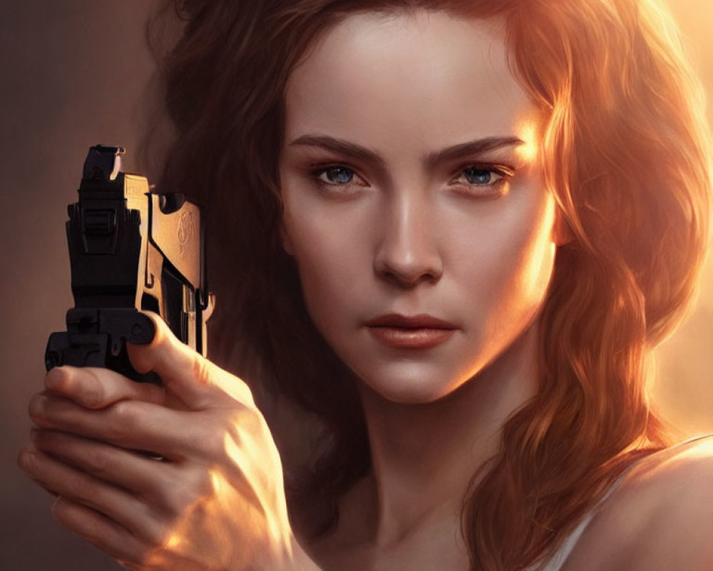 Digital artwork of woman with intense gaze holding handgun in soft lighting