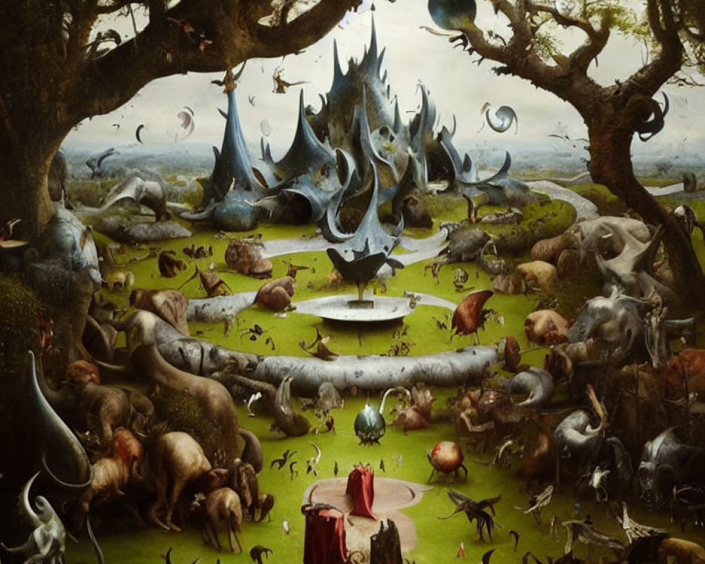 Fantastical landscape painting with icy structure, hybrid animals, trees, and red figure