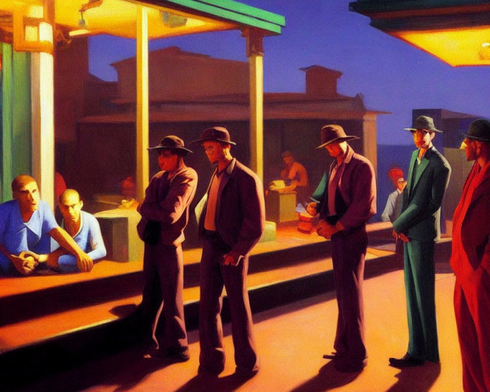 Vintage Attire People Painting: Conversation & Contemplation Under Streetlights