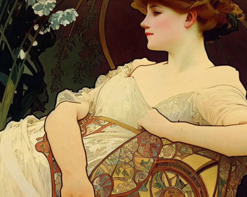 Woman portrait in Art Nouveau style with flowing hair, white dress, and ornate chair.