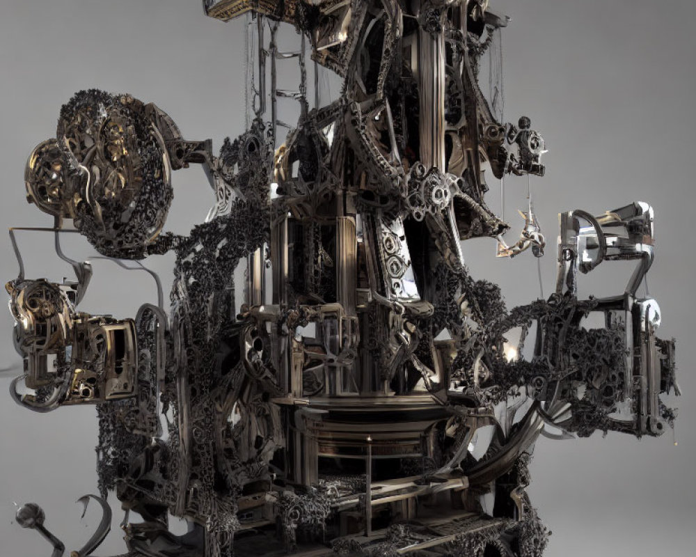 Abstract mechanical sculpture with gears and chains intricately assembled