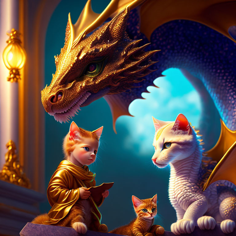 Fantasy illustration of child with cat traits, cats, and dragon in regal setting