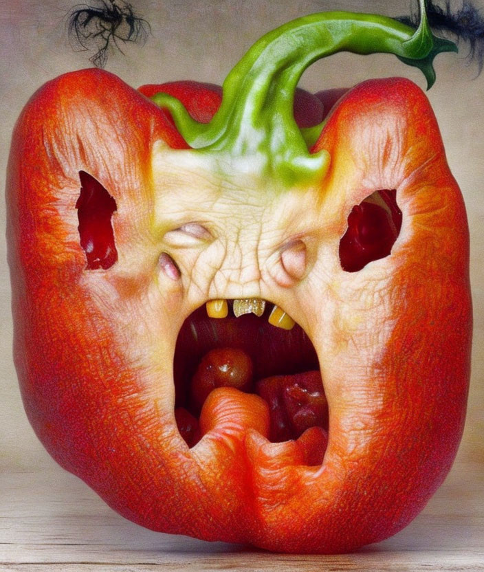 Red Bell Pepper Transformed into Spooky Jack-o'-lantern