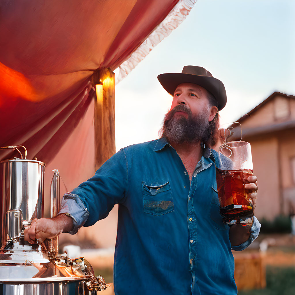 Bearded man with beer mug brews outdoors at twilight