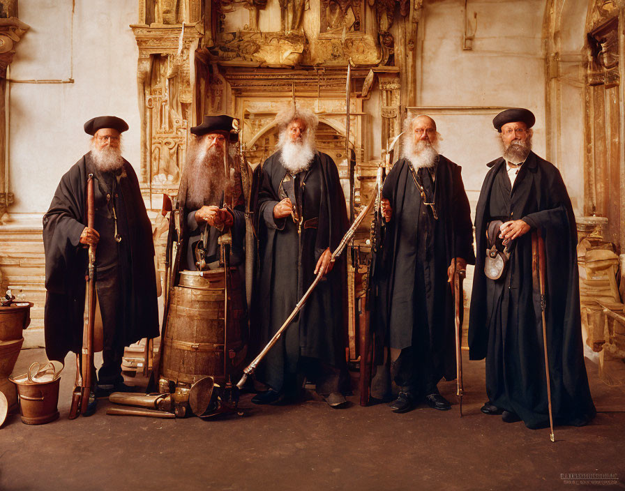 Five Elderly Bearded Men in Traditional Robes Holding Staffs in Ornate Room