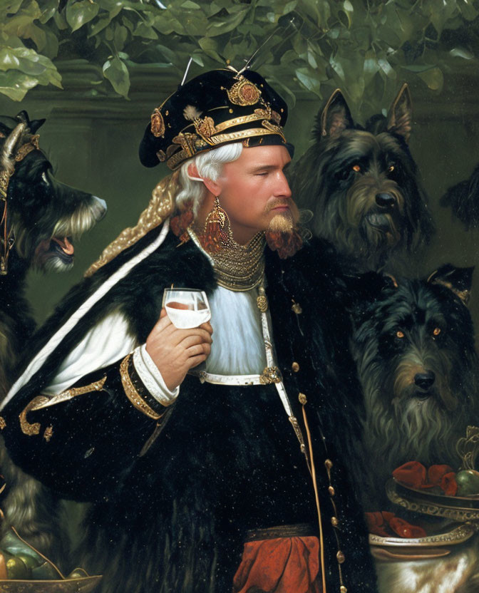 Historical royal man with glass and black dogs in noble setting