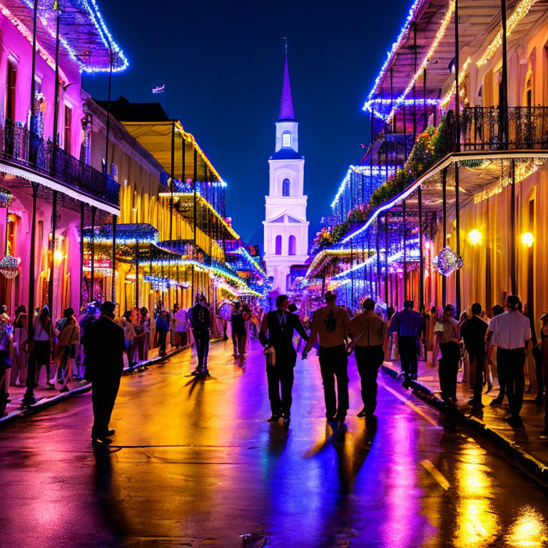 Busy Street at Dusk with Festive Lights and Church Spire