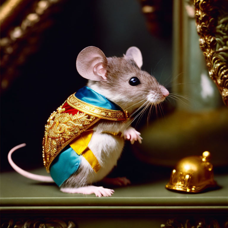 Ornately dressed mouse with bell on ledge in dark background