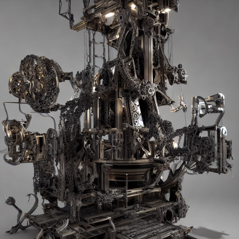 Abstract mechanical sculpture with gears and chains intricately assembled