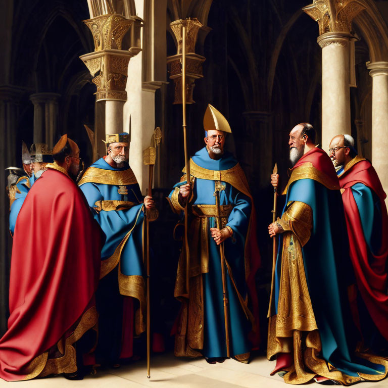 Stately figures in medieval garb converse in grand gothic hall