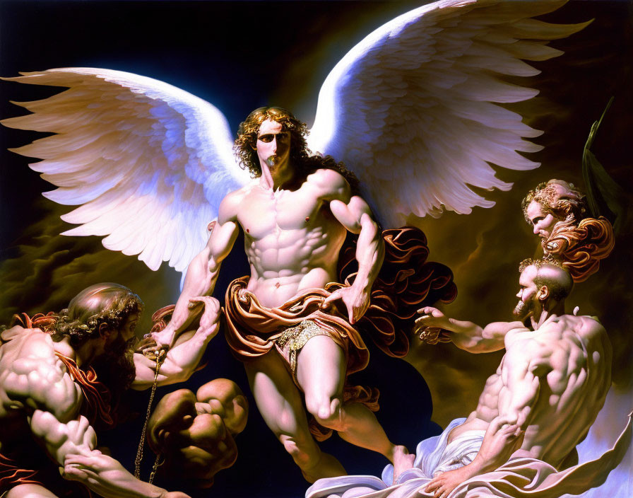 Muscular angel with white wings surrounded by worshiping figures