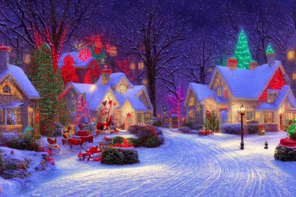 Snow-covered houses with Christmas lights and red ornaments in a winter dusk scene