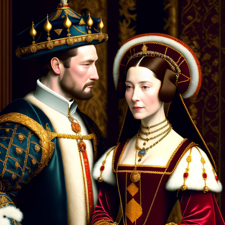 Noble man and woman in renaissance attire with crowns against dark backdrop