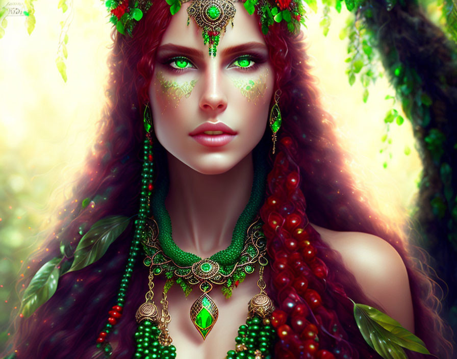 Digital artwork of a woman with green eyes and forest-inspired accessories