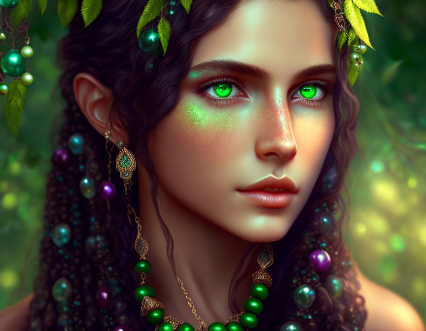 Digital artwork featuring woman with vivid green eyes and ornate accessories on lush green background