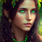 Digital artwork featuring woman with vivid green eyes and ornate accessories on lush green background