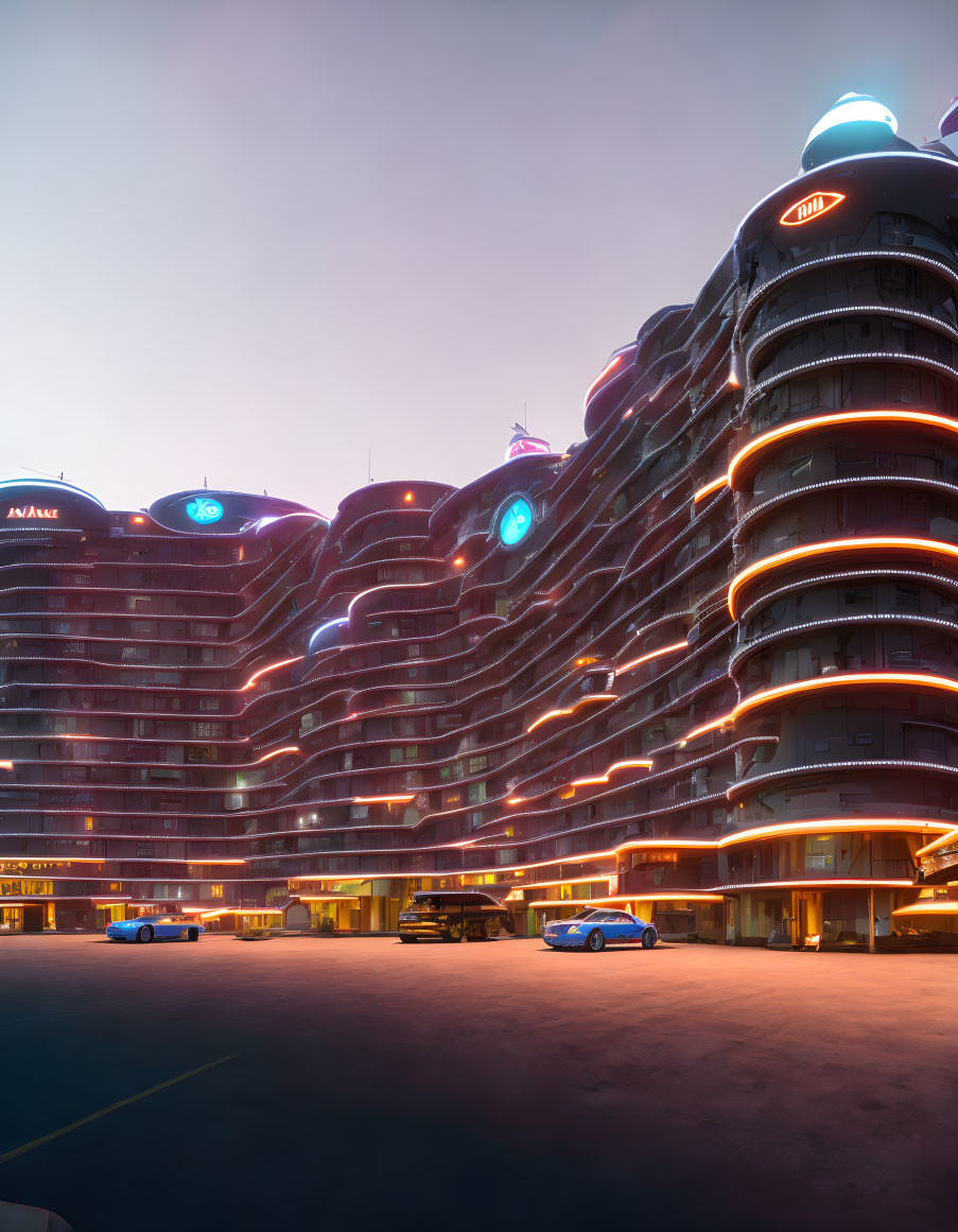 Modern multi-tiered building with neon lights, parked cars, and glowing skylight at dusk